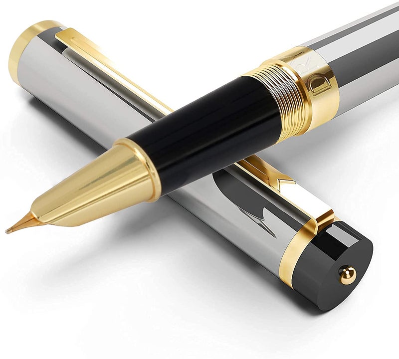 Dryden Designs Fountain Pen - Medium Nib and Fine Nib | Includes Luxury Box, 6 Ink Cartridges - 3 Black 3 Blue and Ink Refill Converter - Metallic Silver - Image 4